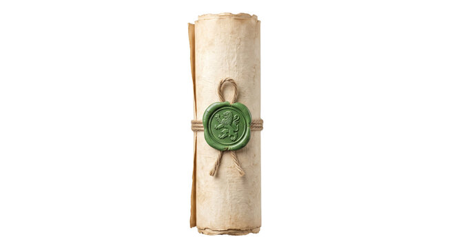 Ancient scroll sealed with a green wax emblem featuring a lion symbol