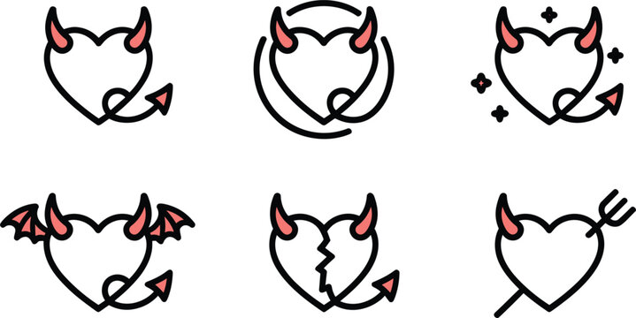 Devil heart line icon set featuring hearts with horns tails bat wings and broken pieces for anti valentine or playful demonic love design concepts.