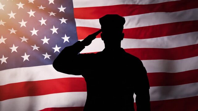 Silhouette of soldier saluting in front of waving american flag motion video.