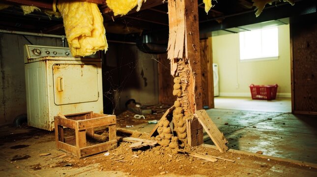 Wood structural post severely damaged by termite infestation in a residential basement. Mud tubes and crumbling timber visible near old appliances and insulation. Pest control and home inspection.