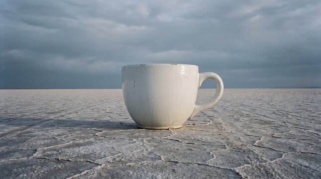 Oversized white ceramic coffee cup in a vast empty salt flat. Surreal uncanny background.