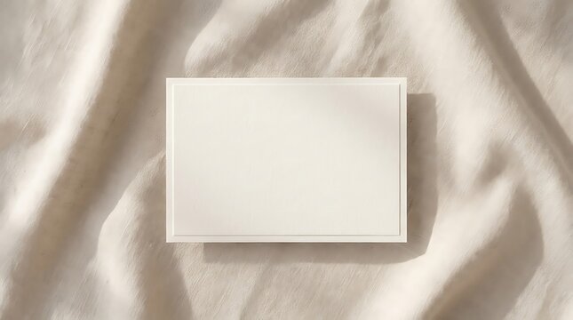 A blank 4x6 postcard mockup resting on a soft textured beige fabric background with elegant natural lighting and shadows for sophisticated branding design presentation