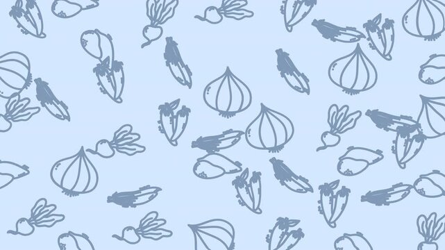 Garlic, radish, and ginger create a colorful pattern on a light blue background. Perfect for food packaging or kitchen decor.