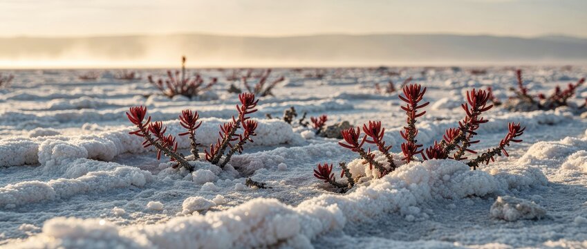 Red succulent plants growing through white salt crust on a vast flat. Golden hour sunlight illuminates the misty desert landscape. Resilience concept for environment and nature travel marketing.
