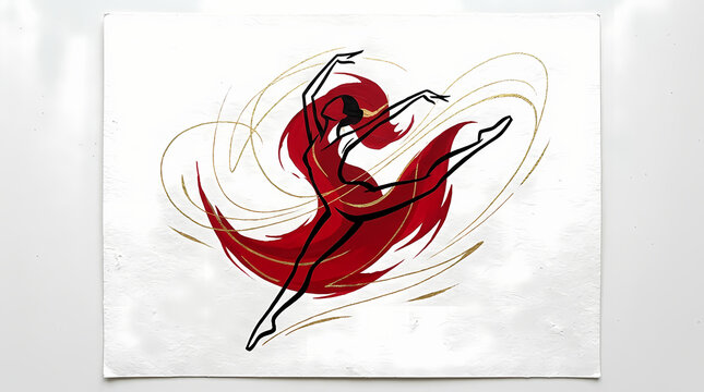 Abstract artistic illustration of a graceful ballerina dancing with flowing red fabric.