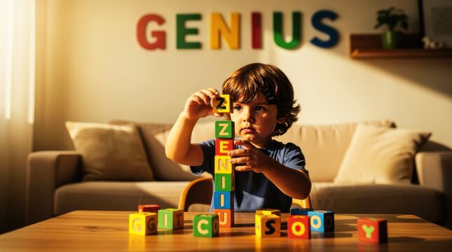 Young boy stacking wooden alphabet blocks at home. Child building a tower with colorful letters in a sunny room. Early education concept for childhood development and preschool learning.