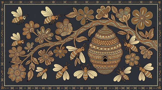 Golden bees and hive panel on a dark background