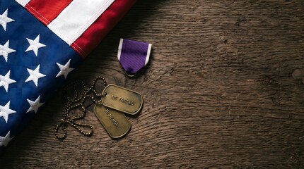 Naklejka premium Military Dog Tags and Purple Heart Medal Beside Folded American Flag on Weathered Wood Surface