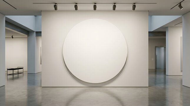 Large round white canvas mockup on a modern art gallery wall for interior design display.