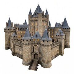 Fototapeta premium Majestic medieval stone castle with illuminated towers at dusk, fairy tale fortress
