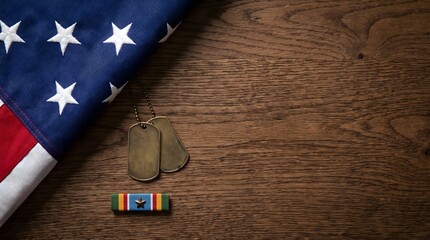 Naklejka premium Military Dog Tags and Service Ribbon Bar with Folded American Flag on Dark Wooden Background