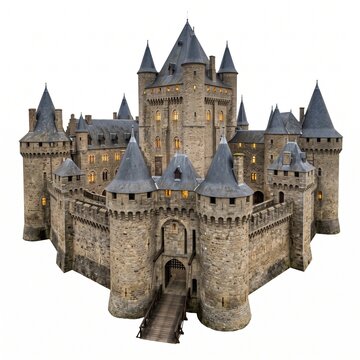 Majestic medieval stone castle with illuminated towers at dusk, fairy tale fortress