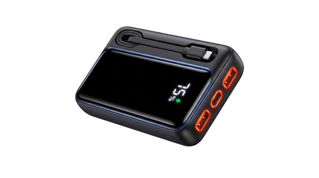 Portable power bank with digital display, compact external battery charger with USB ports, mobile phone charging accessory isolated PNG with Transparent Background