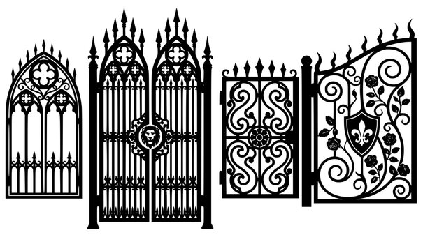 Gothic black wrought iron gate silhouettes with ornate scrollwork spikes arches and historic European decorative metalwork vector set
