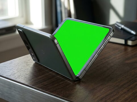 Foldable smartphone with green screen mockup on a wooden office desk