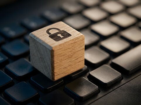 Wooden cube with lock symbol on keyboard cyber security concept