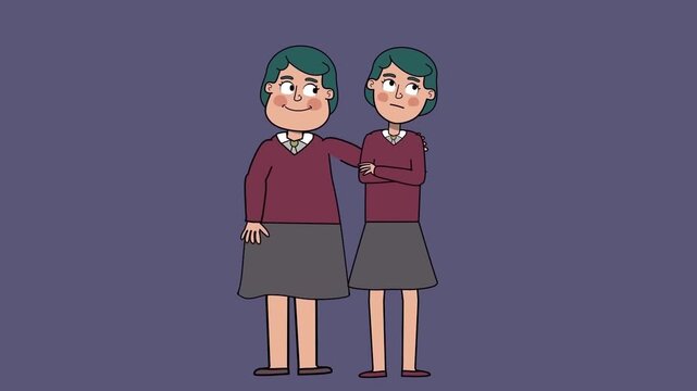2D animation of twin women standing together side by side embracing unity and similarity concept