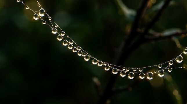 Macro shot of dew drops glistening on spider web thread strands