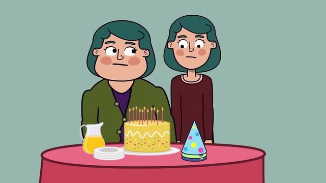 2D animation of two elderly women sitting at a table with a birthday cake celebrating anniversary home scene