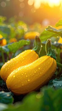 Two ripe yellow zucchini covered in water droplets in a garden during golden hour.
