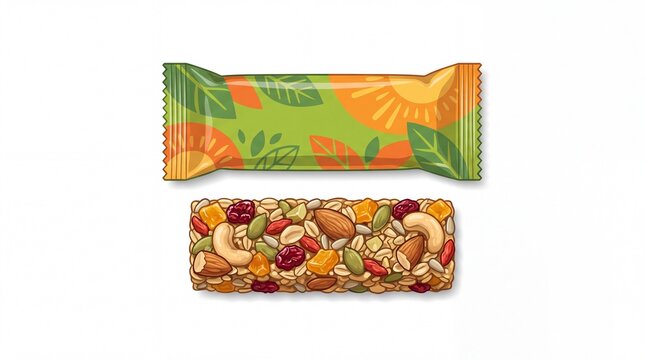 Nutritious granola bar with nuts and dried fruits wrapped in colorful packaging on white background