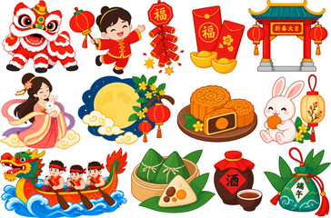 Fototapeta premium Chinese New Year Celebration Traditional Cultural Elements Illustration