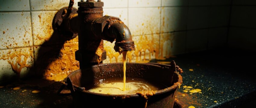 Rusty industrial pipe dripping toxic sludge into metal bucket. Grungy tap leaking hazardous orange waste against stained tiles. Environmental pollution and plumbing failure concept for safety.