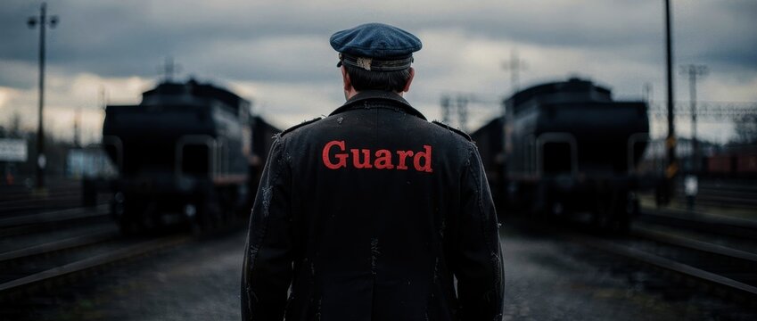 Rear view of a train guard standing between locomotives in a station. Worker wearing vintage uniform overlooking an industrial rail yard. Transportation heritage concept for historical narratives.
