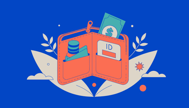 Open Wallet with Money and ID Card on Blue Background, Financial Security Concept