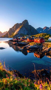Scenic view of red fishing huts on stilts by a calm lake with majestic mountains in the background during sunrise.