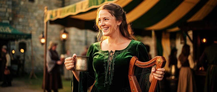 Smiling woman in medieval dress holding harp and tankard. Historical performer at renaissance fair outdoor market. Reenactment concept for festival and tourism promotion.