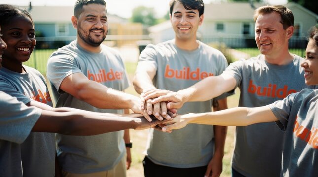 Diverse volunteers stacking hands in a circle outdoors. Community builders wearing grey shirts collaborating on a project. Teamwork concept ideal for non-profit marketing and social impact campaigns.