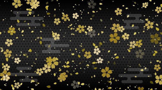 cherry blossoms 01 small confetti gold fall pattern01 ekasumi asanoha loop （black background）01