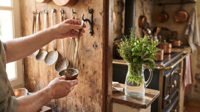 Person hanging a ladle in a rustic Provence kitchen