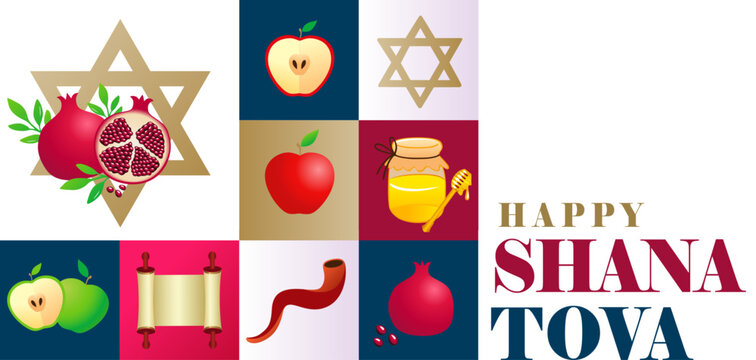 Happy Shana Tova Jewish Holiday greeting card with apple pomegranate and honey. A good and sweet year, Rosh Hashanah 5787 banner design with holiday pattern
