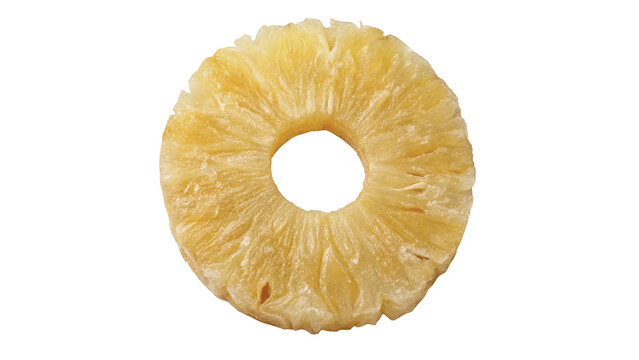 Single dried pineapple ring slice sweet candied fruit isolated on black background for snacks