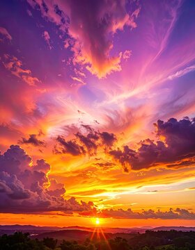 Vibrant sunset paints the sky with fiery hues over rolling hills.