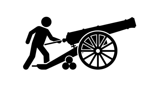 Stick figure person operating a historical cannon artillery