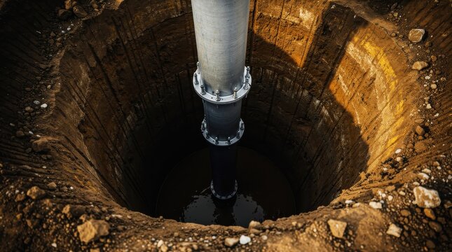 Large steel pipe installed in deep excavation pit for foundation support. Industrial piling process during heavy construction site development. Engineering and infrastructure project concept.
