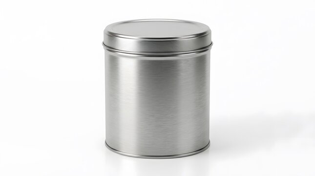 Round silver tin canister mockup for cosmetics or tea packaging isolated