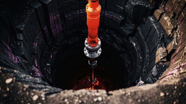 Industrial drill rig descending into a deep rock shaft. Heavy mechanical machinery performing deep-well boring or mining operations. Energy extraction concept for industrial infrastructure projects.
