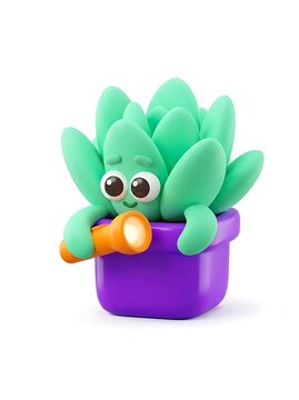 Cute succulent character holding a glowing flashlight in purple pot