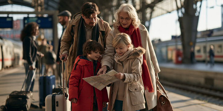A family of four, with two children, standing on a train platform with their luggage. They are looking at a map and appear to be waiting for a train. The scene is illuminated by warm sunlight