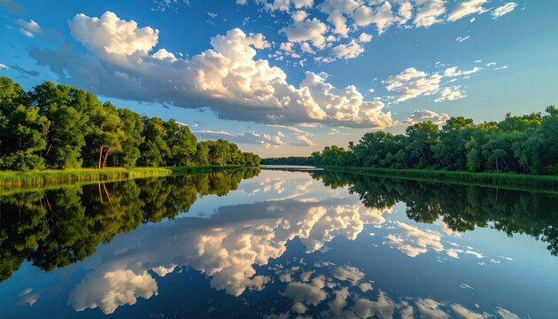 A serene river reflects the lush green trees and dramatic clouds under a bright blue sky.