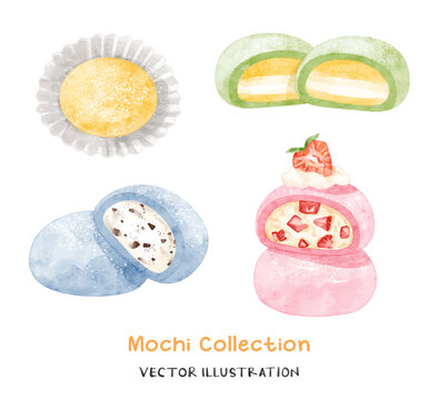 Watercolor mochi ice cream collection. Strawberry, Oreo, and mango mochi illustration.