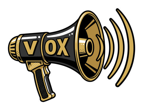 Megaphone Graphic Icon with Gold Vox Text for Public Announcement and Communication