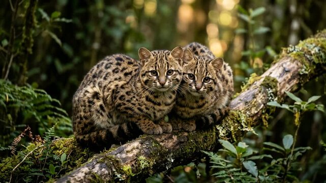 two kodkod close up at morning light in patagonia chile temperate rainforest video
