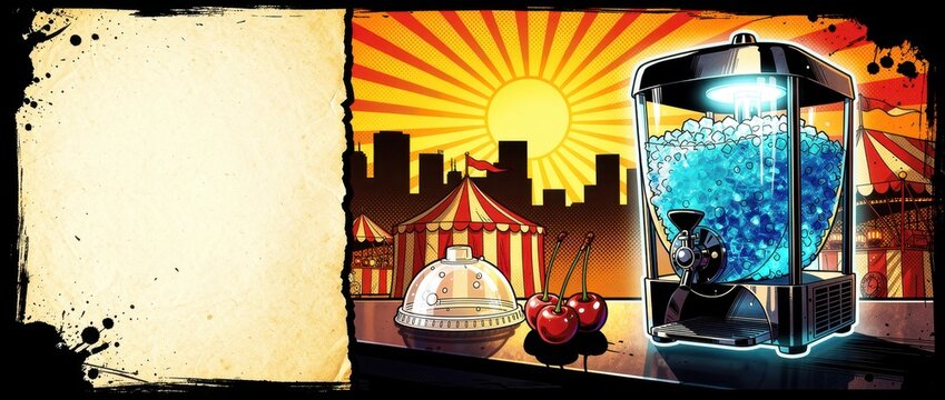 Comic style slushie machine with blue ice and cherries at a carnival. Vibrant pop art illustration featuring circus tents and sunburst. Summer festival theme with copy space for event marketing.