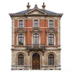 Fototapeta premium Elegant neoclassical red brick building facade with ornate stone details and arched windows