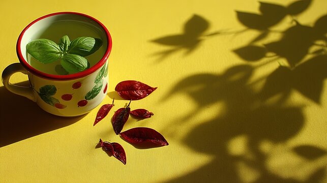 Cup of herbal tea with green leaves and red fallen autumn foliage on yellow surface